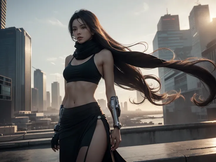 ((rule-of-thirds shot, 45 degree view)), skinny female cyborg, confidence, futuristic aerodynamic heavy mechanical arm, unreal engine, (extremely long voluminous hair :1.7), ((long scarf), crop tank, low-rise maxi skirts, confident pose, (strong wind), pos...