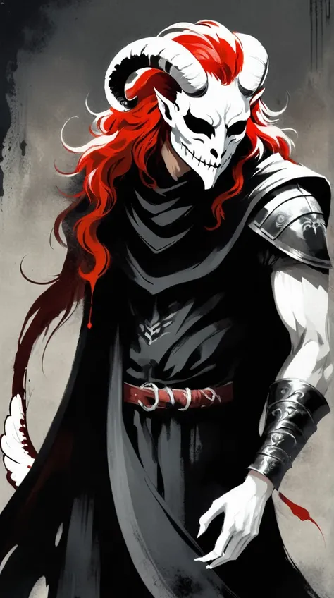 ((demon)), (((male))), male demon, ((scary demon), (((wearing a scary white mask))), blood, (((ram curved horns))), long wavy red hair, (((slavic black full clothes))), medieval scarf, monster claws, animal legs, snake tail, solo, looking at viewer,  sumi-...