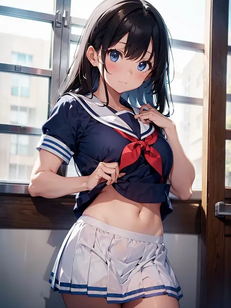 A girl wearing a colorful sailor uniform, her top is quite short and her lower breasts are visible, and her skirt is short and sexy.