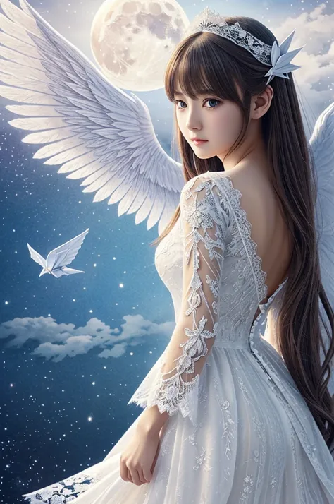 Origami art、Extremely detailed、Anime Style、A beautifully detailed lace dress、CG、HDR+、4K Rendering、moon、Sparkling Eyes、A beautiful, fragile and fascinating girl、Angel、White world、Watercolor、Angel Wings