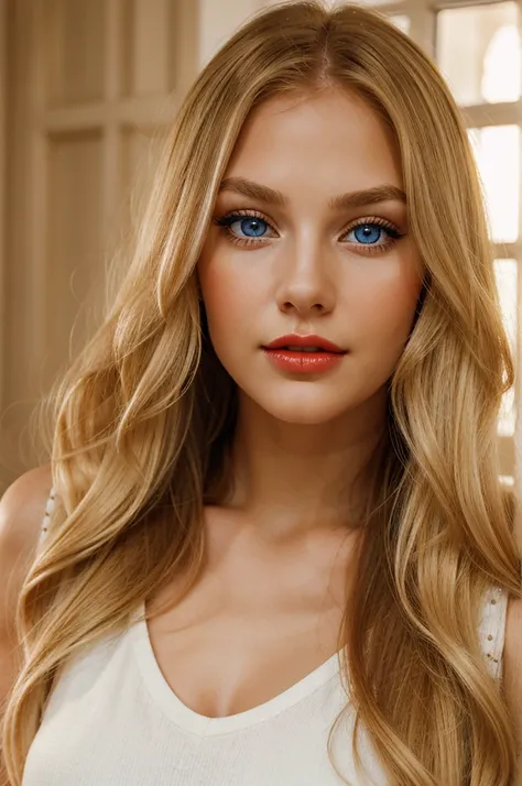 a beautiful young woman with long, straight golden blonde hair, fair skin with a warm undertone, red lips, and bright blue eyes with long, thick lashes