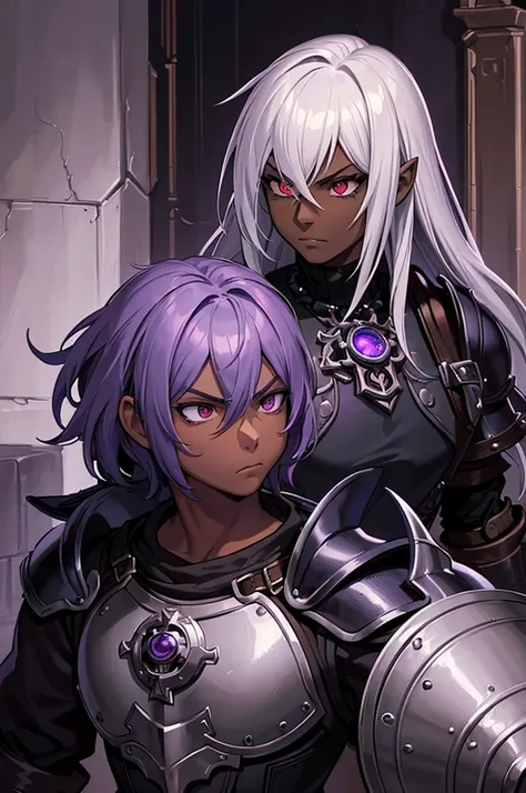 ((best quality)), ((masterpiece)), (detailed), ((boy)), (mix between steampunk and dungeonpunk), drow, upper body, portrait, red eyes, long white hair, Xemnas from Kingdom Hearts, half-drow, dark skinned, (full knight armor), paladin, serious face, dramati...