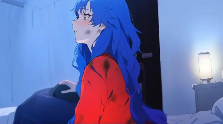 {{{sincos (sincos)}}}, arafed woman with blue hair and red shirt sits on the bed, very long blue hair, long azure blue hair, ver...