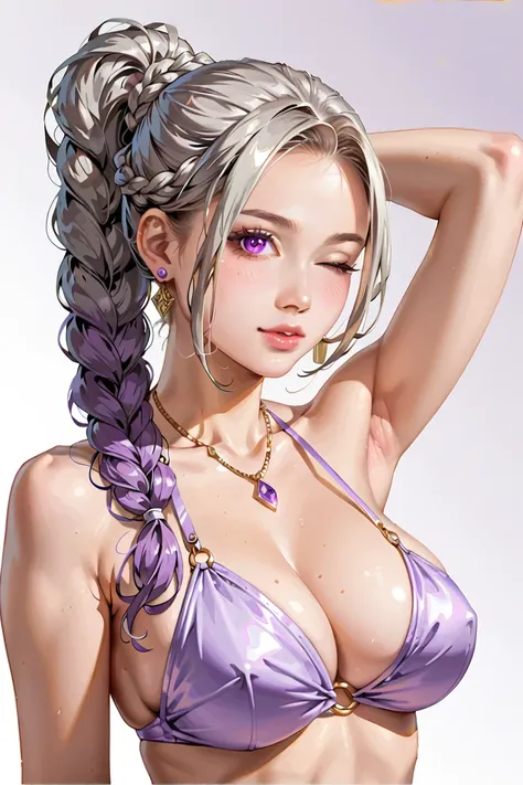 score_9, score_8_superior, score_7_superior,Beautiful woman, 18-year-old,
黒hair, 長いhair, Wearing a bikini, detailed skin texture and pores ,Beautiful mouth and face, Earrings, necklace,Big Breasts、Inji,One girl,alone,purple_hair,purple_eye,very_length_hair...