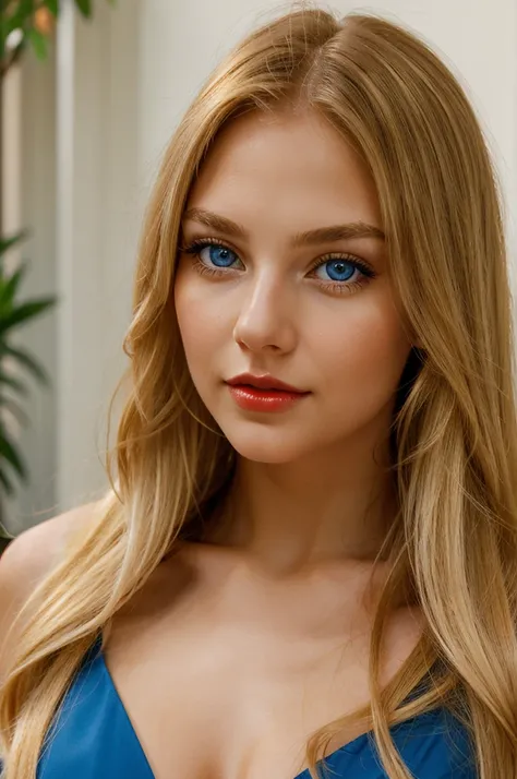 a beautiful young woman with long, straight golden blonde hair, fair skin with a warm undertone, red lips, and bright blue eyes with long, thick lashes