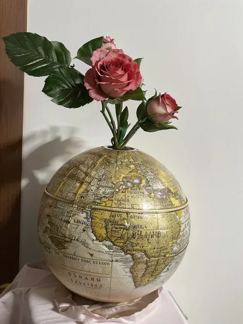 there is a globe with a flower on a table, com espaço sideral in the background, com terra, globo terrestre orbitando na galaxia, globos, detalhe adicionado, flowers growing in your head, globo grande, fotografia tirada em 2 0 2 0, fechar retrato, crescend...