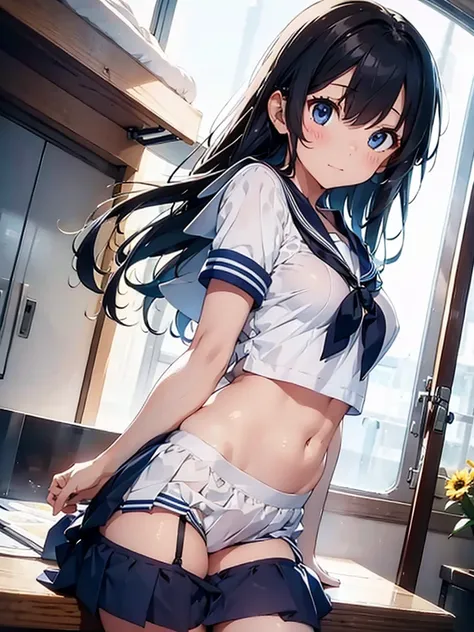 A girl wearing a colorful sailor uniform, her top is quite short and her lower breasts are visible, her skirt is also short, sexy and erotic.