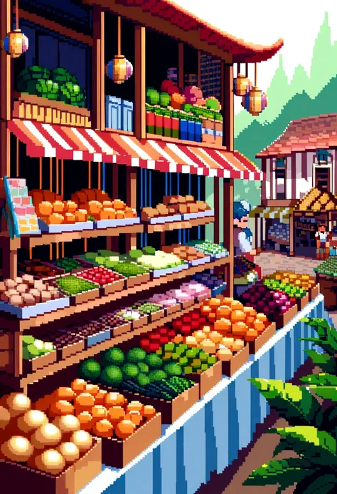 Please create a highly detailed pixel art of the Ver-o-Peso Market in Belém do Pará, Brazil. The artwork should capture the vibrant atmosphere and unique architecture of the market. Include the colorful stalls, the bustling activity of vendors and shoppers...