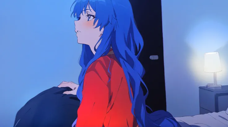 {{{sincos (sincos)}}}, woman with blue hair and red shirt sitting on the bed, very long blue hair, long azure blue hair, very long wavy azure blue hair, beautiful Asuka from Evangelion, long flowing blue hair, blue long hair, blue and red tones