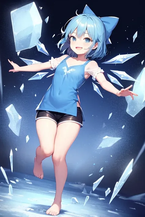 1girl, Touhou, Cirno, blue eyes, Blue hair, smiling expresion, playful, cute, dancing, ice land background, frozen frogs, full body, wide shot, blue female top, blue female shorts, blue female arm wear cloth