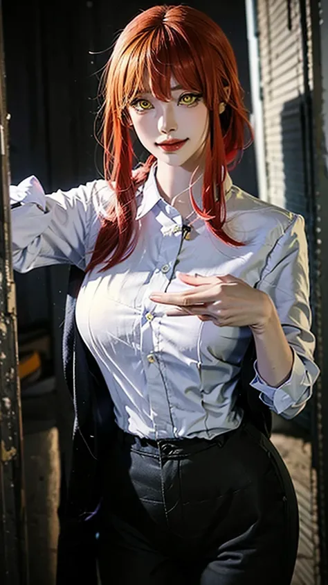 A striking illustration of Makima from Chainsaw Man, set in a dynamic and intense scene. Makima stands confidently in the center, her signature long red hair cascading smoothly down her back, contrasting sharply with her pristine white shirt and black pant...