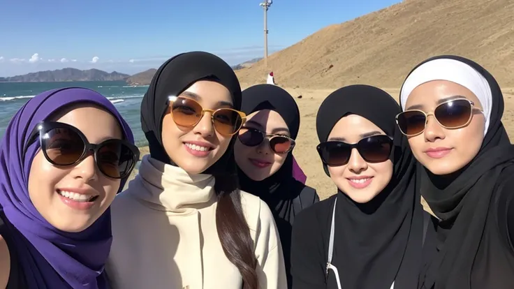 masterpiece, 4girls, hijab, selfie, sunglasses