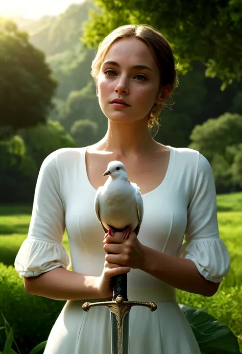 a woman holding a sword in her hand, a dove sitting on her hand, lush green landscape, highly symmetrical, (best quality,4k,8k,highres,masterpiece:1.2),ultra-detailed,(realistic,photorealistic,photo-realistic:1.37),detailed face and eyes, elegant pose, pea...