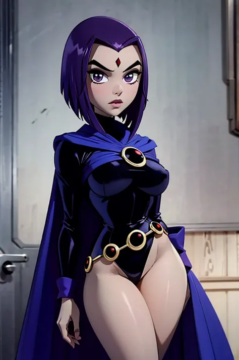 A mid shot of Raven, Teen Titans Raven, slender slim body, skinny waist, arched back, pale grey skin, red gemstone in the centre of her forehead, looking at viewer, seductive, (realistic), (masterpiece), (highly detailed face), thick eyebrows, big juicy pu...