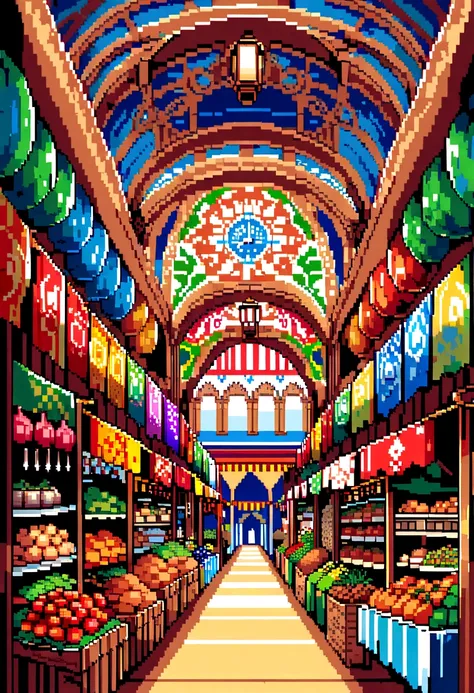 Please create a highly detailed pixel art of the Ver-o-Peso Market in Belém do Pará, Brazil. The artwork should capture the vibrant atmosphere and unique architecture of the market. Include the colorful stalls, the bustling activity of vendors and shoppers...