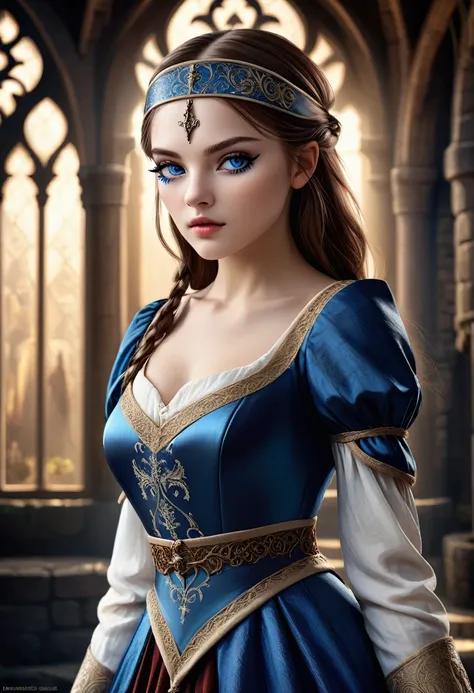 a beautiful girl with an eyepatch, intricate and detailed facial features, striking blue eyes, long lashes, porcelain skin, delicate features, elegant pose, detailed intricate clothing, fantasy medieval style background, cinematic lighting, dramatic colors...