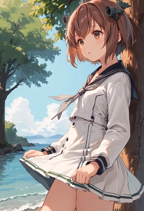 score_9,score_8_up,score_7_up,source_anime,cowboy shot,masterpiece,best quality,details background,extremely detailed,1girl,1girl,yukikaze (kancolle), brown hair, brown eyes,small breasts,short hair, sailor dress,dress,sailor collar,long sleeves,neckerchie...