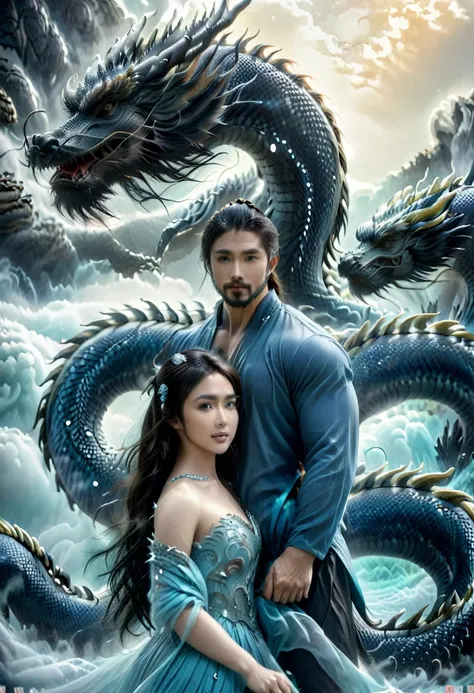 Asian brunette young woman standing with a muscular man with a beard, blue asian dragon, fantasy world, romance movie cover, romance book, romantic