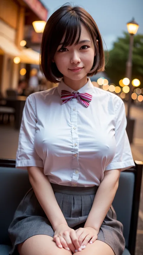 (8k, RAW photo, best quality, masterpiece:1.2), (realistic, photo-realistic:1.37), ultra-detailed,
1 girl,cute, solo,beautiful detailed sky,detailed cafe,night,sitting,dating,(nose blush),(smile:1.1),(closed mouth),large breasts, seductive smile, large apa...