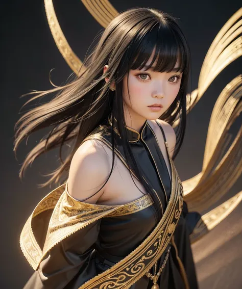 a mongolian princess girl,bangs black hair,standing,looking at to the viewer,(very detailed: 1.3),ultra realistic,hdr,(high dyna...