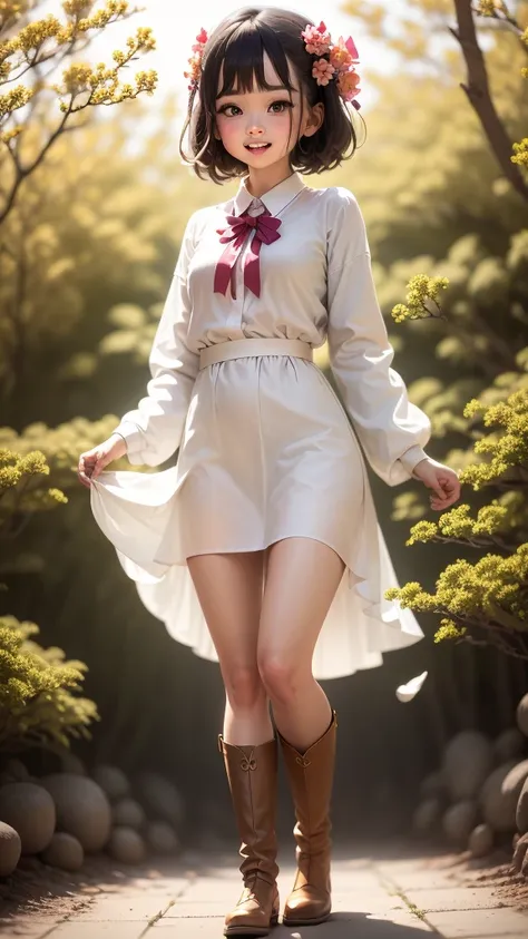 Stand in front of the photo、1girl in,Full body,a short bob,long boots,Open mouth and big smile、kawaii pose、Flowing iridescent silk、up of face、Eye Up、Colorcon with heart pattern、Floral dress、There are flowers even in front of you、flower petals、Fallen leaves...