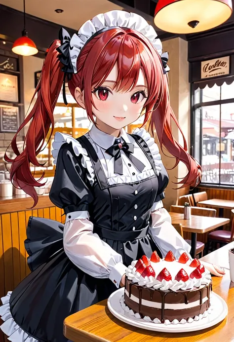 Promotional Photos, The location is a coffee shop, 1 Girl, The face of a 16 year old, The waitress is bringing the cake to the table, Red hair twin tails, Kind Face, A strawberry-inspired half-gothic lolita and half-maid costume, White-based clothing,