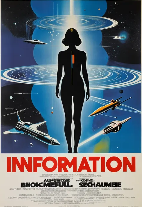 vintage retro futuristic style movie poster of 1970s sci-fi movie, “information”, text is in sci fi fonts, human body silhouette, against floating codes, numbers and symbols, GLITCH. Hyperreal. Art by Frankenthaler, Cassatt, OKeeffe Art by Vigée Le Brun, A...