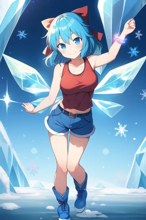 1girl, Touhou, Cirno, blue eyes, Blue hair, smiling expresion, playful, cute, dancing, ice land background, frozen frogs, full body, wide shot, blue female tank top, blue female shorts, blue female arm wear cloth, medium size breasts, blue breastplate, Ice...