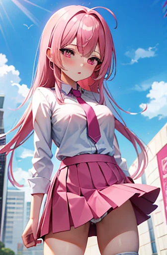 Pink hair and pink tie、anime girl, pink eyes, shy blush、mini skirt、White over-the-knee socks, nipples poking, medium boobs 