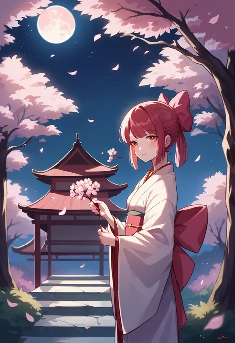 Create an anime-style illustration featuring a serene scene under a full moon. A young woman, dressed in a traditional Japanese kimono, stands gracefully among cherry blossom trees in full bloom. The blossoms are gently falling around her, adding to the pe...