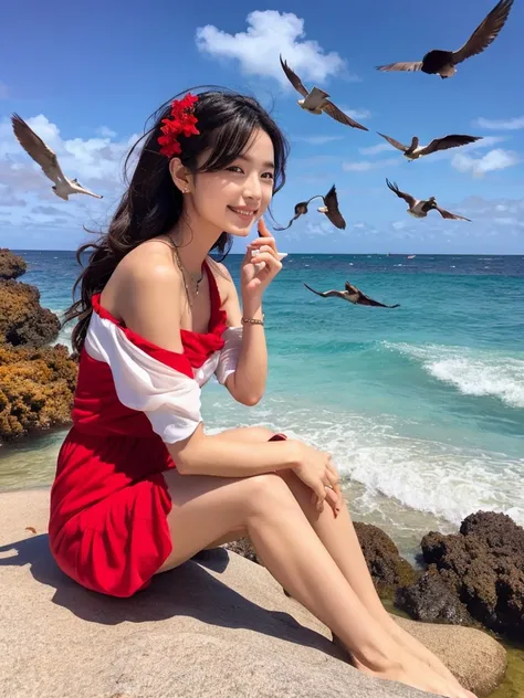 a woman poses sitting on a rock in red casual clothes in the middle of the vast ocean, the sun is shining brightly and birds are flying in the sky