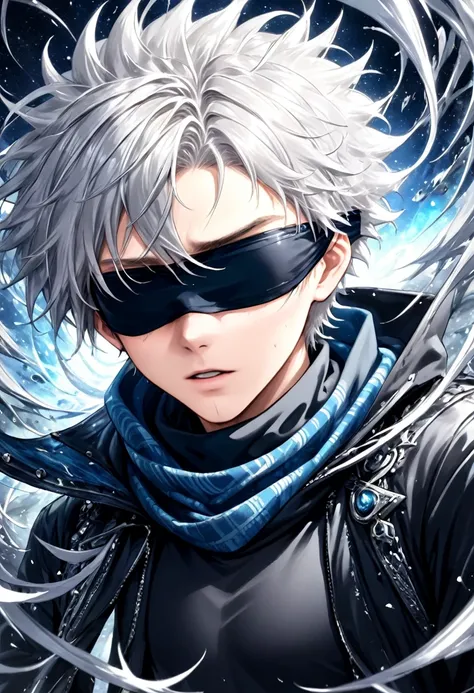 a boy in a black shirt wears a black eye patch、scarf, gray hair, close up high dynamic range of man with spiky hair and white ha...