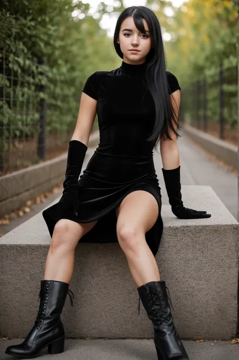 Girl, black hair, black tight dress, black boots, 16 years old, black gloves, dark eyes small freckles around her nose 