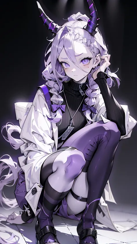 boy rabbit thoughtful look open forehead. white and purple hair braided in a ponytail on the left side to one side. sinuous black horns wrapped in dark purple ribbon. pale violet eyes. in short dark purple shorts. long white T-shirt. dark purple knee-high ...