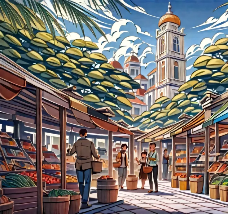 Please create an extremely detailed pixel art of the Ver-o-Peso Market in Belém do Pará, Brazil. This market is an iconic and vibrant location known for its unique architecture and bustling activity. The artwork should include the following elements:

1. *...