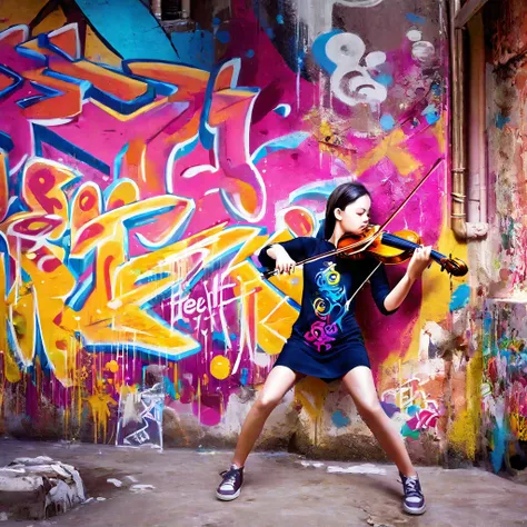 A girl passionately playing the violin inside a building adorned with street art. On the wall behind her, theres a large, vibrant graffiti that says Feel it, adding an urban and artistic vibe to the scene.

