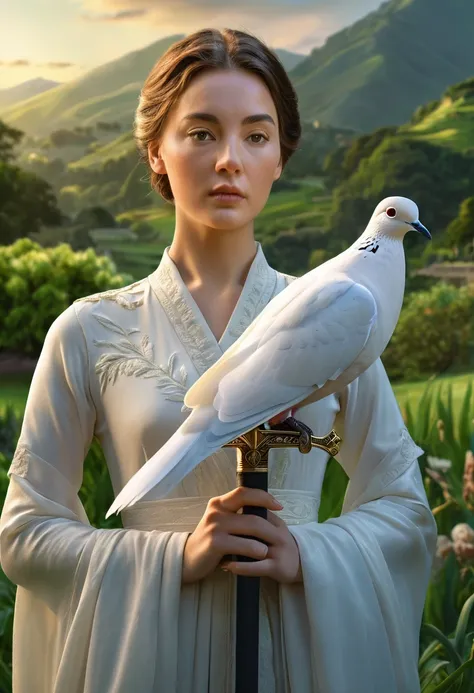 a woman holding a sword in her hand, a dove sitting on her hand, lush green landscape, highly symmetrical, (best quality,4k,8k,highres,masterpiece:1.2),ultra-detailed,(realistic,photorealistic,photo-realistic:1.37),detailed face and eyes, elegant pose, pea...