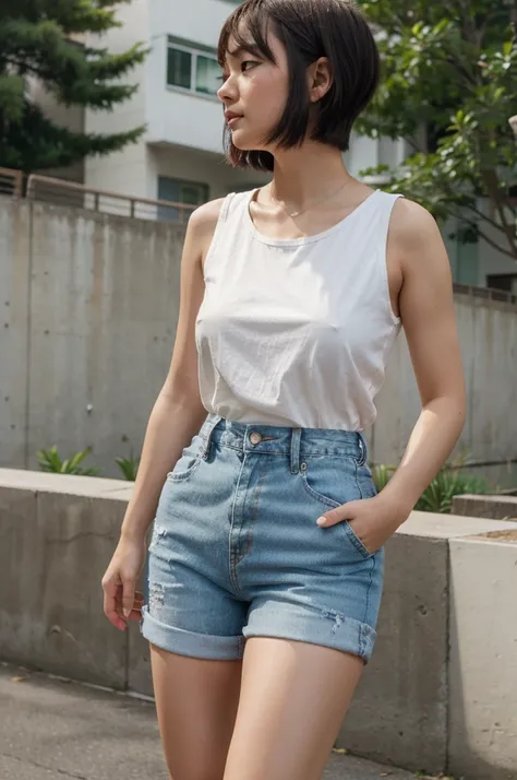 girl in a short jeans asian shorthair