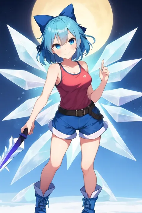 1girl, Touhou, Cirno, blue eyes, Blue hair, smiling expresion, playful, cute, ice land background, frozen frogs, full body, wide shot, blue female tank top, blue female shorts, medium size breasts, top, blue belt, Ice boots, blue ribbon, Ice female knight,...