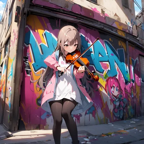 A girl passionately playing the violin inside a building adorned with street art. On the wall behind her, theres a large, vibrant graffiti that says Feel it, adding an urban and artistic vibe to the scene.