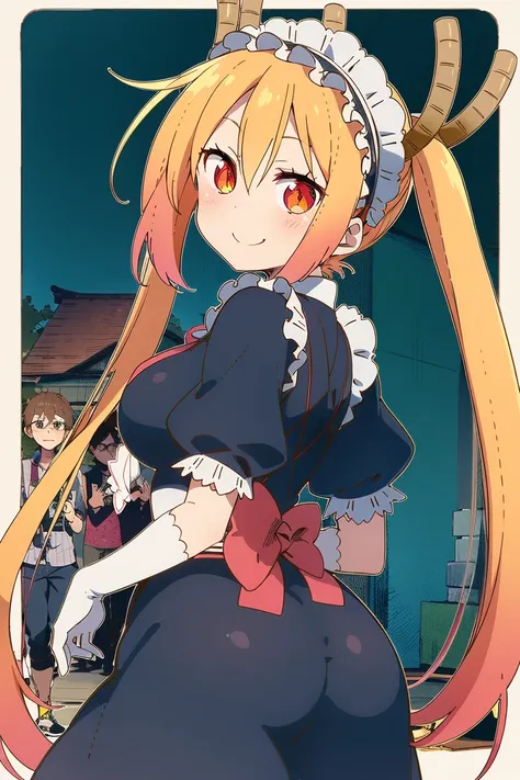 tohru,1 garota, sozinho, vestida de maid, sorridente, fundo simples, vestido brocado, rear view, bumbum grande,  voluptuosa, rol...