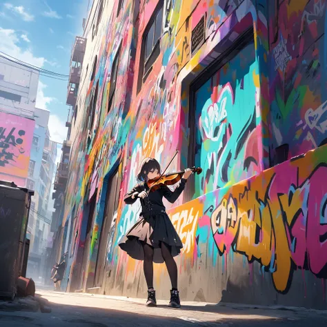 A swag girl passionately playing the violin inside a building adorned with street art. On the wall behind her, theres a large, vibrant graffiti that says Feel it, adding an urban and artistic vibe to the scene.