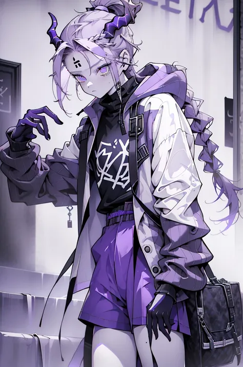 boy thoughtful look open forehead. white and purple hair braided in a ponytail on the left side to one side. sinuous black horns wrapped in dark purple ribbon. pale violet eyes. in short dark purple shorts. long white T-shirt. dark purple knee-high socks. ...