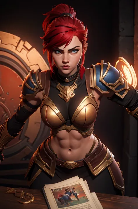 A muscular female warrior battle chasers nightwar red monika with red hair in a high ponytail, wearing a red and gold armored outfit. Her costume includes a form-fitting top and large shoulder guards, with a dark cloak around her neck. The background is da...