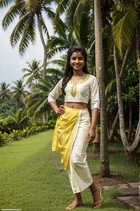 Create an image of a Kerala teen model dressed in a traditional Kerala mundu and blouse, with a bright smile and a sense of style that is both modern and traditional. Set the scene with a lush green grassy area, a winding road, and a coconut tree in the ba...