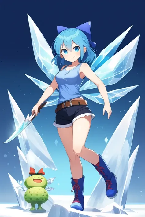 1girl, Touhou, Cirno, blue eyes, Blue hair, smiling expresion, playful, cute, ice land background, frozen frogs, full body, wide shot, blue female tank top, blue female shorts, medium size breasts, top, blue belt, Ice boots, blue ribbon, Ice female knight,...