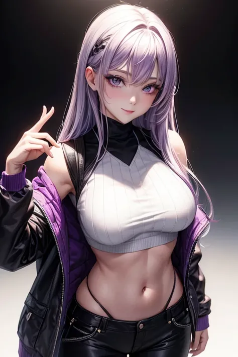 a beautiful young woman with light purple hair, long slightly waved and combed to one side, purple eyes, sharp eyes, eyeliner, pretty smile, pale skin, extremely beautiful, kind, sweet, White, black jacket, black cargo pants, anime realism style, portraits...