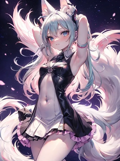 Chica anime,tennage girl 18 years old, anime style, cute hatsune miku x suicune, shy girl , Orejas de Kitsune, arte de dark natasha, city landscape, arte de vixen aztra, cuerpo completo, patas hermosas, cintura delgada, caderas amplias, navel white blouse,...