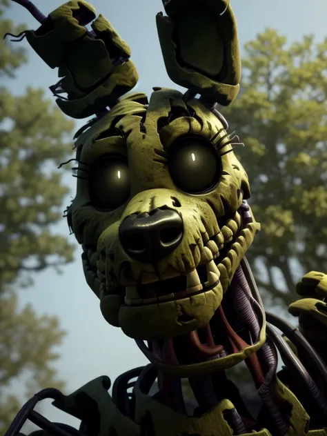 ((springtrap, animatronic)), (close-up), muscular, nude, male focus, teeth, looking at viewer, ((correct eyes, glowing, white ey...