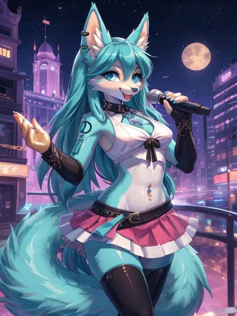 Chica anime,tennage girl 18 years old, anime style, cute hatsune miku x suicune, shy girl , Orejas de Kitsune, arte de dark natasha, city landscape, arte de vixen aztra, cuerpo completo, patas hermosas, cintura delgada, caderas amplias, navel white blouse,...